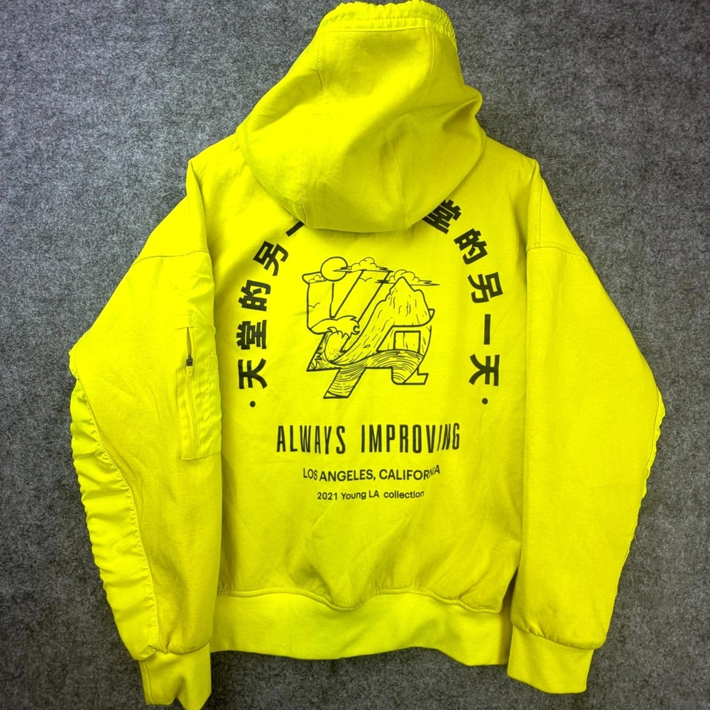 YoungLA Los Angeles Hoodie Men Medium Yellow Graphic Streetwear Always Improving